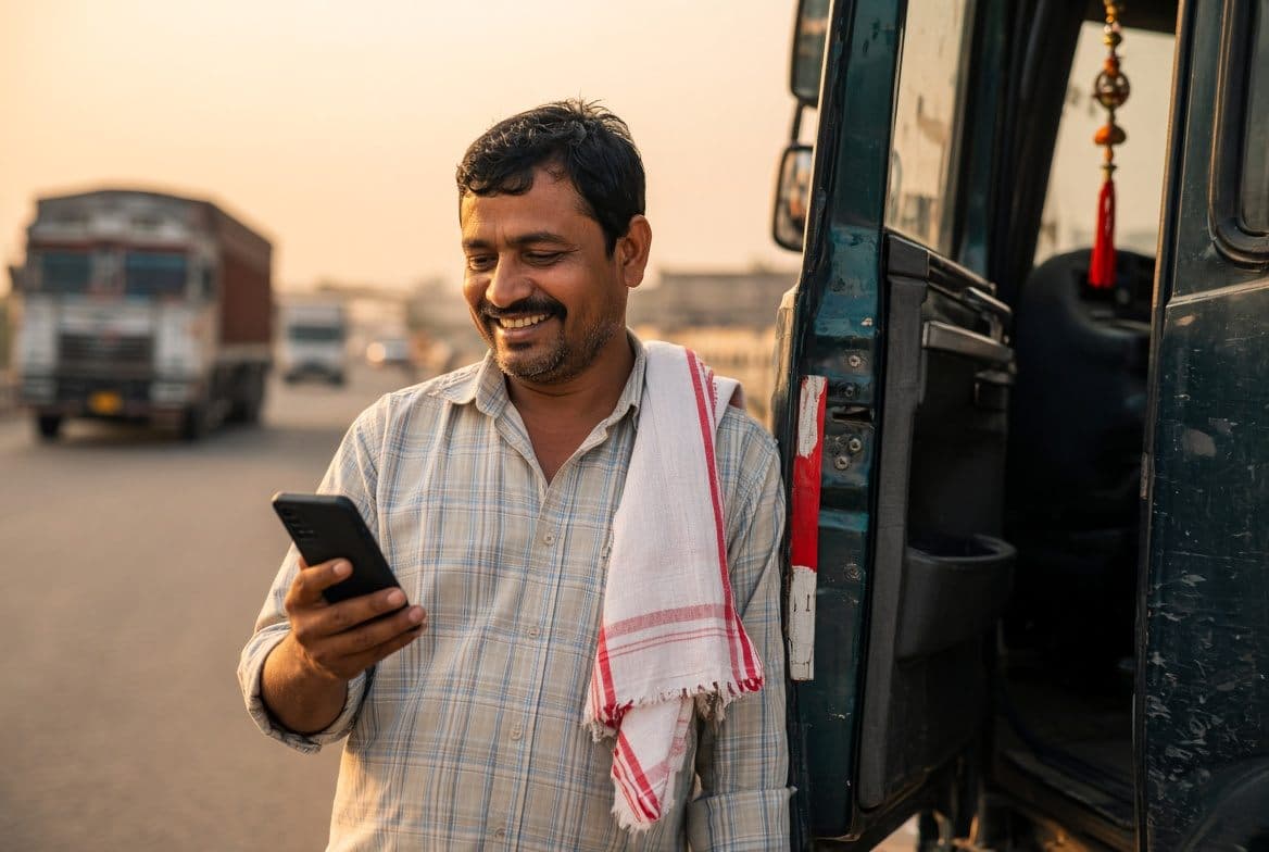 A transport owner checking his phone beside his truck